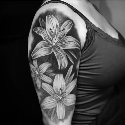 Black and White Tiger Lily Tattoo Tiger Lily Half Sleeve Tattoo, Black And White Lily Tattoo, Lily Tattoo Sleeve, Tiger Lily Tattoo, White Tiger Lily, Tiger Lily Flowers, Tiger Lily Tattoos, Lily Tattoos, Water Lily Tattoos