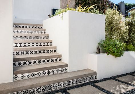 Add Elegance to Your Patio with Black and White Cement Tiles - Granada Tile Cement Tile Blog | Tile Ideas, Tips and More Cement Outdoor, Tile Steps, Porch Tile, Exterior Wall Tiles, Tiles Designs, Exterior Tiles, Escalier Design, Tile Stairs, Wall Tiles Design