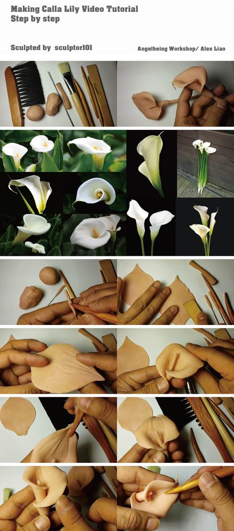 Making Calla Lily Video Tutorial It's an 16 minutes video tutorial of making Calla lily, I actually took much longer time making it. Here is the link: YouTube:  https://www.youtube.com/watch?v=ho3OJRlhRzc  The video shown how to make two different shapes of Calla Lily from the spadix, petals to the stems etc step by step.   Alex Liao Head And Face Tutorial, Face Tutorial, Calla Lily Flowers, Decorações Com Comidas, Baked Clay, Fleurs Diy, Rose Tutorial, Soft Clay, Gum Paste Flowers