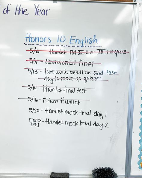 When May started, I filled my back whiteboard with important information for my students. I included important information, assignments, dates, and deadlines. I also communicated this information home to students and guardians multiple times. It’s hard to believe that it is already Monday, May 20. With my honors students, we start their final today, which is a Hamlet mock trial. With my college prep students, we will be having a seminar discussion about the tone differences in Night and Li... Mock Trial, Honor Student, College Prep, Important Information, English Teacher, May 20, Whiteboard, White Board, Dates