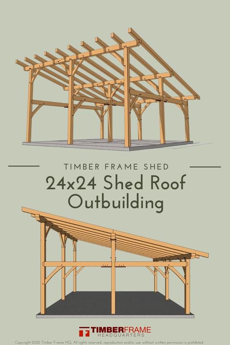 Are you looking for plans for a carport, garage, workshop or guest house? Look no further! This 24×24 shed roof outbuilding can serve many purposes! With 576 square feet, there is plenty of room for whatever you have in mind- a garage or carport, workshop or guest quarters. At the standard 3:12 pitch, the ceiling rises to over 16 feet, but we include options for 4:12 and 5:12 pitches to give you some options. Increase the ceiling height and add a loft for storage or sleeping! Buy now! Lean To Shed With Carport, Slanted Roof Carport, Large Lean To Shed, Timber Frame Carport Plans, Diy Carport Ideas Simple, Shed Roof Timber Frame House, Carport Plans How To Build, Diy Carport Cheap How To Build, Wood Carport Ideas