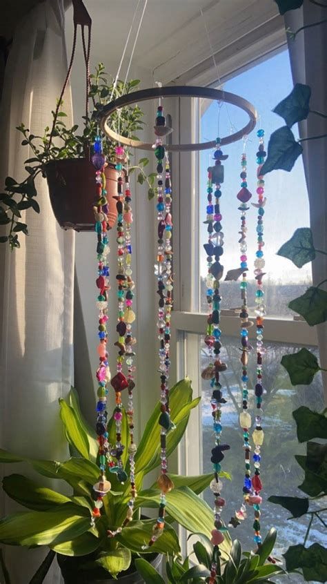 Images By Linda Buechler On Windchimes, Mobiles, & Suncatchers 680 Diy Suncatchers Homemade, Suncatcher Curtain, Glass Bead Suncatcher, Bead Suncatcher, Crafts To Try, Beaded Suncatcher, Beaded Mobile, Suncatcher Diy, Bead Curtain