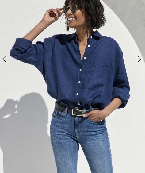 navy linen and denim Navy Blue Linen Shirt Outfit Women, Navy Linen Shirt Outfit Women, Navy Linen Shorts Outfit, Linen Shirt Outfit Women, Linen Shirt Outfit, Long Sleeve Top Outfit, Linen Long Sleeve Top, Brand Moodboard, Blue Linen Shirt