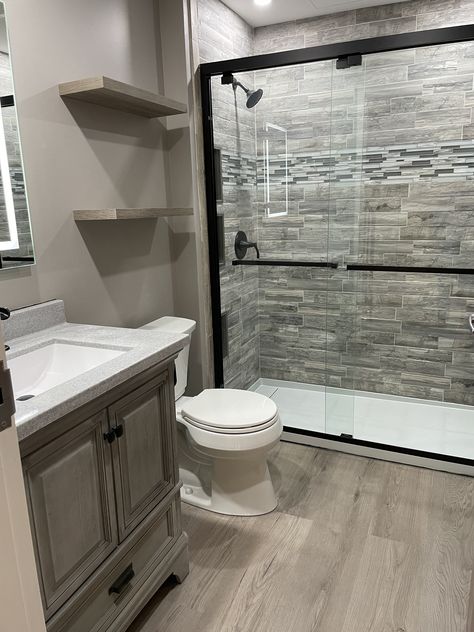 Gray Tone Bathroom Ideas, Grey Bathroom Remodel Ideas, Small Bathroom Gray Floor, Simple Basement Bathroom Ideas, Grey Restroom Ideas, Gray And Wood Bathroom, Rustic Bathroom Designs Small Spaces, Bathroom Remodel Grey, Hall Bathroom Remodel