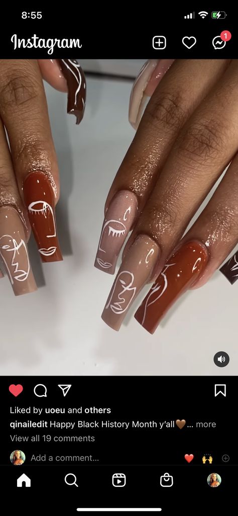 Melanin Nail Art, October Nails Inspiration, Black Power Nails, Mlk Nails, Brown Nails On Black Women, Red And Brown Nails, Oval Fall Nails, Dark Brown Nails Designs, Orange And Brown Nails