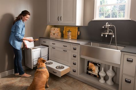 dog room custom cabinetry Mud Room Ideas Dog Food, Dog Food Storage Built In, Laundry Room With Pet Area Built Ins, Mud Room Pet Area, Laundry Room With Dog Food Area, Pantry With Dog Food Storage, Dog Food Area In Kitchen, Dog Area In Laundry Room, Built In Dog Food Station