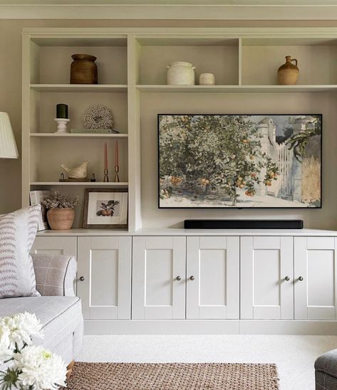 Media Wall Office, Sitting Room Built In Cabinets, Living Room Wall Cupboard Ideas, Small Built In Media Wall, Media Wall With Tv And Storage, Small Built In Tv Cabinet, Built In Tv And Bookshelves, High Ceiling Media Wall, Asymmetrical Tv Built In