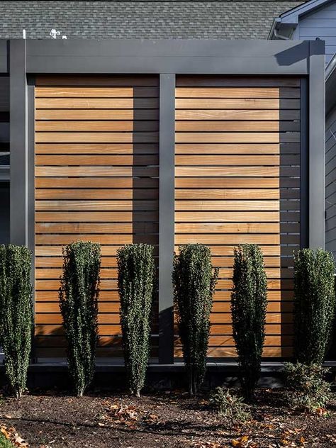 Backyard With Outdoor Privacy Shutters | Azenco Outdoor Deck Privacy Wall Ideas, Deck Privacy Wall, Privacy Wall Ideas, Relaxing Outdoor Spaces, Outdoor Shutters, Privacy Wall, Urban Backyard, Deck Privacy, Backyard Layout