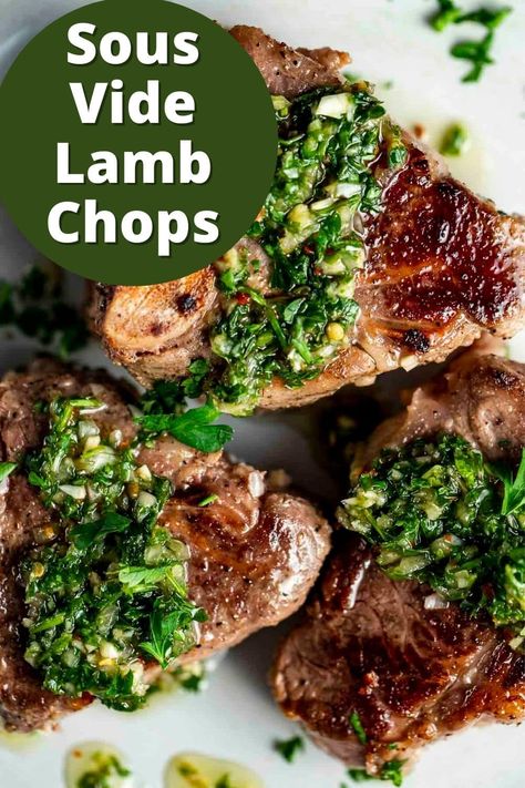 Sous Vide Lamb Chops, Mint Chimichurri, Sous Vide Dessert, Sous Vide Lamb, Creamy Peppercorn Sauce, Roast Frozen Broccoli, Feta Sauce, Parsnip Fries, Lamb Loin Chops