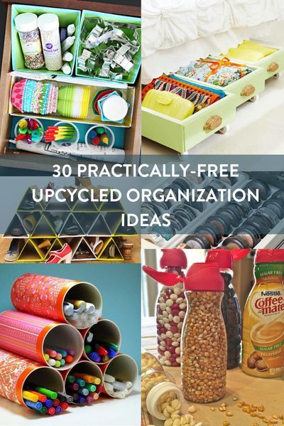 These upcycled organization ideas will help you get organized while recycling stuff you already have. Sort your stuff at almost no cost! Repurposed Organization Ideas, Recycled Storage Ideas, No Cost Organization Diy, Recycle Organization Ideas, Upcycled Organization Diy Storage, Diy With Stuff You Already Have, Upcycling Organization Ideas, Upcycle Organization Ideas, Free Organization Ideas