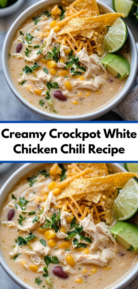 Looking for an easy dinner? This Creamy Crockpot White Chicken Chili Recipe is perfect for slow cooker or Instant Pot. A top pick among chicken crockpot recipes and chili recipes for creamy comfort. Crock Pot Rotel, Chili Recipe Crock Pot, White Chicken Chili Slow Cooker, White Chicken Chili Recipe, Chicken Chili Crockpot, Slow Cooker Chicken Chili, Creamy White Chicken Chili, Crockpot White Chicken Chili, White Chili Chicken Recipe