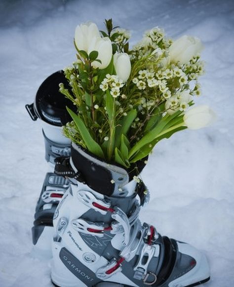 Ski Theme Centerpiece  Wedding Ideas | | TopWeddingSites.com Snowboard Wedding, Boot Centerpiece, Ski Resort Wedding, Ski Wedding, Breckenridge Wedding, Apres Ski Party, Snow Wedding, Ski Holidays, Ski Resorts