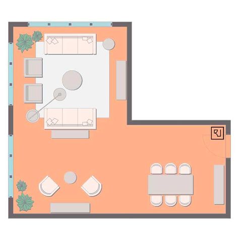 L Shaped Room, L Shaped Living Room Layout, Dining Room Furniture Layout, Sectional Living Room Layout, L Shaped Living Room, Living Room Design Layout, Interior Design Basics, Tiny Bedroom Design, Dining Room Layout