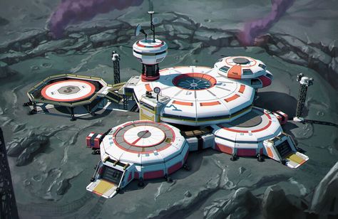 ArtStation - Space base concept, Evgeny Enotov No Man's Sky Base Ideas, Space Colony Concept, Scifi Building, Futuristic Space, Sci Fi Architecture, Space Engineers, Space Ship Concept Art, Sci Fi Environment, No Man's Sky