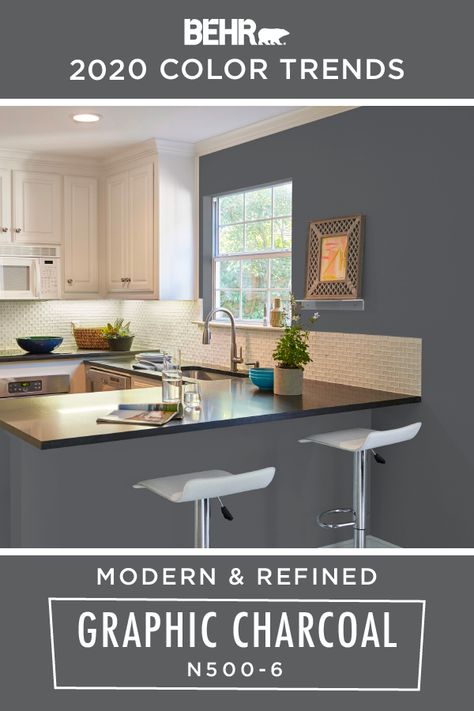 The modern and refined style of this kitchen begins with BEHR® Paint in Graphic Charcoal, from the 2020 Color Trends Palette. Featured on the walls and kitchen island, we love how this dark gray neutral beautifully complements the white cabinets and backsplash. Click below for more color details to learn more. Graphic Charcoal Behr Paint, Farmhouse Americana, Grey Painted Kitchen, Band Room, Color Of The Month, Behr Paint Colors, Behr Paint, Paint Color Schemes, Kitchen Paint Colors