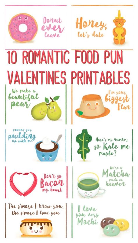 These 10 Romantic Food Pun Valentines Printables are perfect for any food lover.  Funny Valentines Day Free Printable. Valentine Cards For Boyfriend, Pun Valentines, Valentine Sayings, Romantic Food, Valentine Food, Sweet Love Notes, Valentines Day Puns, Valentines Puns, Punny Valentines