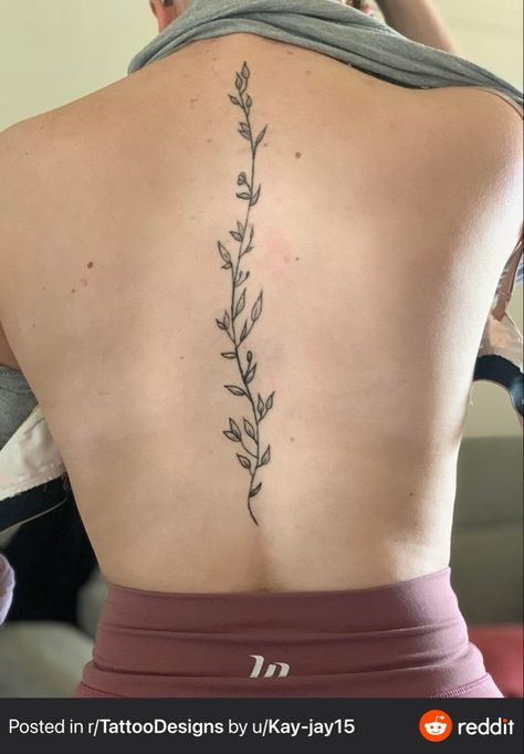 Leaves Spine Tattoos For Women, Willow Branch Spine Tattoo, Spine Tattoos Leaves, Poison Ivy Spine Tattoo, Spine Leaf Tattoo, Ivy Spine Tattoos For Women, Spin Tattoos For Women Flowers, Growth Spine Tattoo, Vine Back Tattoo Women