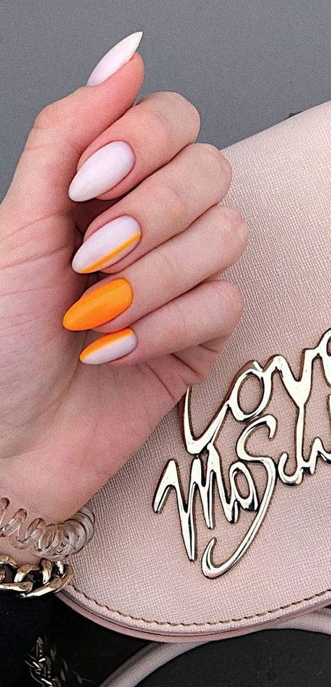 summer nail colors 2021, summer nails ideas, summer nails 2021, summer nail art, summer nail designs 2021, summer nails acrylic, summer nails colors, summer nail ideas 2021, bright summer nails 2021 Orange Football Nails, End Of Summer Nails Ideas Almond, White And Orange Nails Acrylic, White Orange Nails, Nails Orange And White, Orange White Nails, White And Orange Nails, Orange And White Nails, Nails Ideas Summer