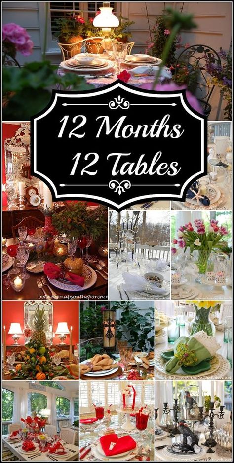 12 Table Settings, One for Each Month of the Year | Between Naps on the Porch 12 Tables, Knives Chau, Folding Napkins, Table For 12, Beautiful Tablescapes, Farmhouse Side Table, Beautiful Table Settings, Festa Party, Pretty Tables