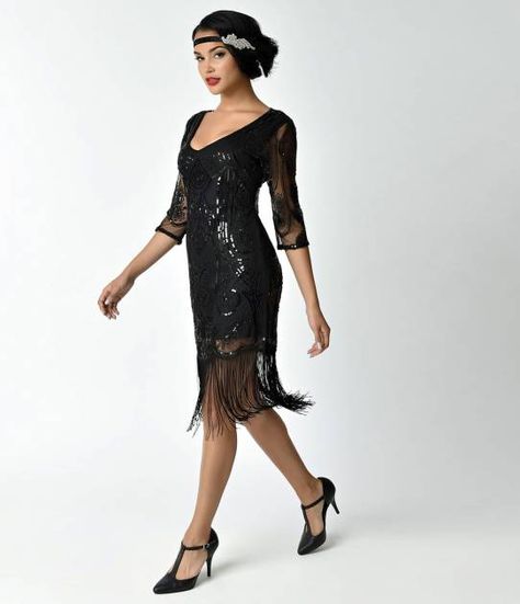 Unique Vintage Black Beaded & Sequin Margaux Sleeved Fringe Flapper Dress Cocktail Dress With Sleeves, 1920s Fashion Women, Beaded Flapper Dress, Cocktail Dresses With Sleeves, Fringe Flapper Dress, Flapper Costume, Dress With Sleeves, Eve Outfit, New Years Eve Dresses