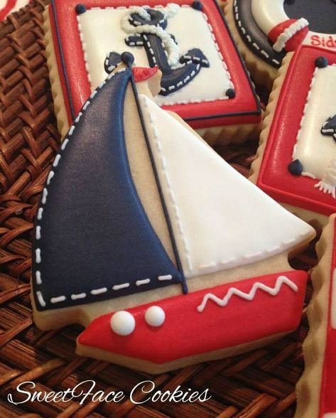 Sailboat Cookies, Nautical Cookies, Nautical Theme Baby Shower, Patriotic Cookies, Beach Cookies, Nautical Cake, Cookies Decoradas, Iced Sugar Cookies, Summer Cookies