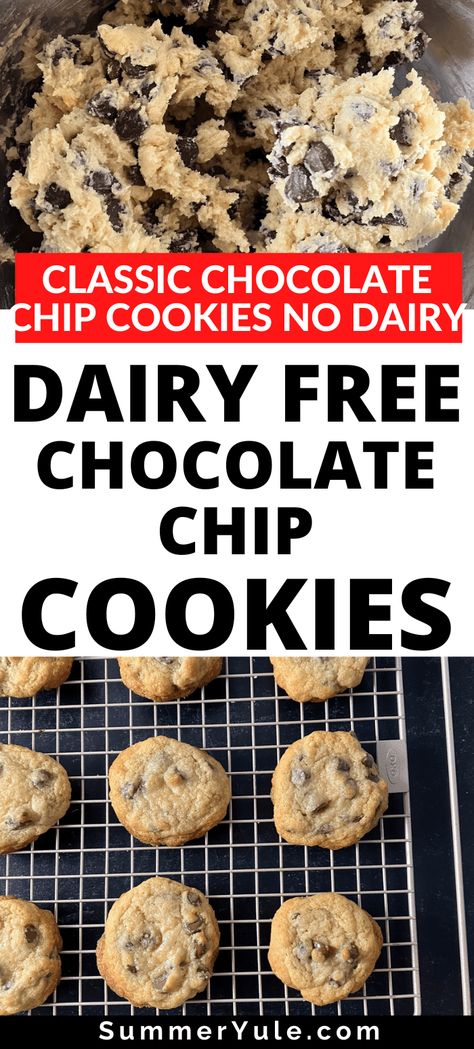 These dairy free chocolate chip cookies are based on the original Toll House cookies recipe, and are delicious and chewy with crisp edges. Non Dairy Chocolate Chip Cookies, Non Dairy Cookies Recipes, Gluten Free Dairy Free Chocolate Chip Cookies, Milk Free Cookies, Dairy Free Cookies Recipes, Cmpa Recipes, Dairy Free Cookie Recipes, Dairy Free No Bake Cookies, Chocolate Chip Pizza