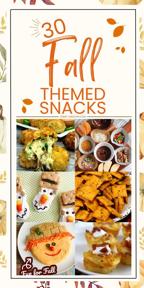 Fall is here, and it's the perfect time to enjoy some tasty snacks that capture the cozy feeling of the season and these 30 fall-themed snacks are just what you need! We have lots of easy recipes like pumpkin recipes, apple recipes and caramel sweet & savory recipes that are great for any fall occasion. Click through to find your new favorite fall treats and enjoy the best flavors of the season.  #FallSnacks #FallRecipes Preschool Fall Snacks, Fall Snack Preschool, Fall Preschool Snacks, Preschool Fall Snack Ideas, Fall Themed Snacks For Kids, Fall Savory Snacks, Fall Theme Snacks For Kids, Fall Theme Snacks, Fall Themed Snacks