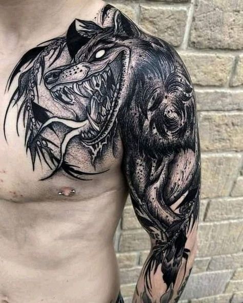 Chest And Arm Tattoo, Viking Tattoos For Men, Stile Pin Up, Werewolf Tattoo, Fenrir Tattoo, Viking Tattoo Sleeve, Tattoo Artist Tattoo, Wolf Tattoo Sleeve, Wicked Tattoos