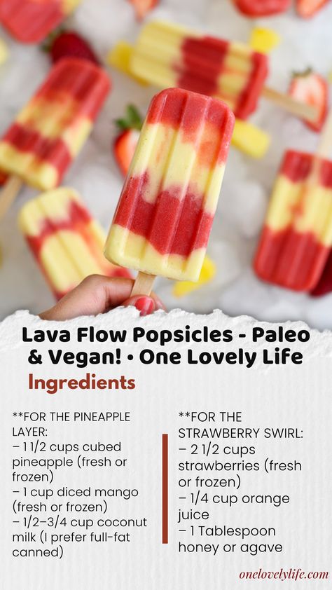 Lava Flow Popsicles - Creamy pineapple swirled with strawberry. You're going to LOVE this easy fruit popsicle recipe! ( Vegan, Paleo) Fruit Popsicle Recipes, Pops Recipes, Fruit Ice Pops, Best Red Velvet Cake, Ice Pop Recipes, Frozen Juice, Ice Cream Business, Healthy Popsicles, Easy Ice Cream Recipe