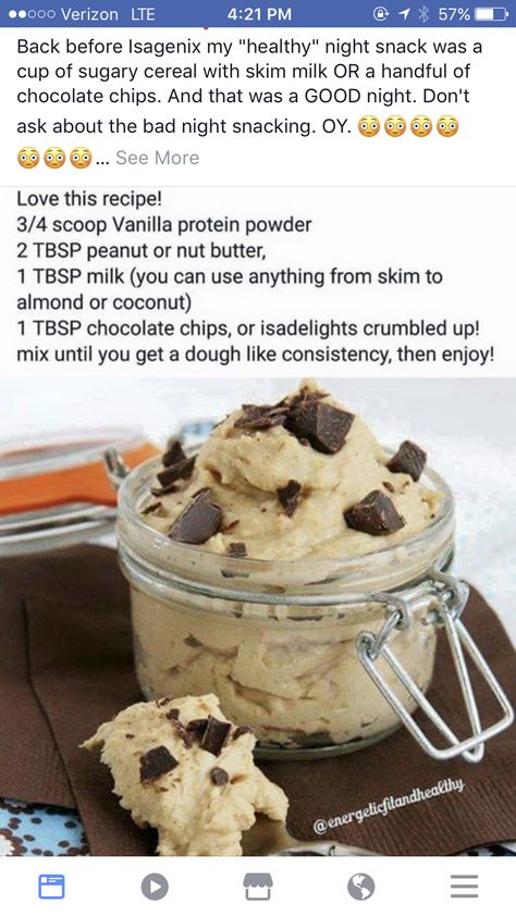 Healthy Night Snacks, Protein Before Bed, Night Time Snacks, Cookie Brownie, Arbonne Recipes, Healthy Bedtime Snacks, Protein Cookie Dough, Healthy Cookie Dough, Healthy Protein Snacks