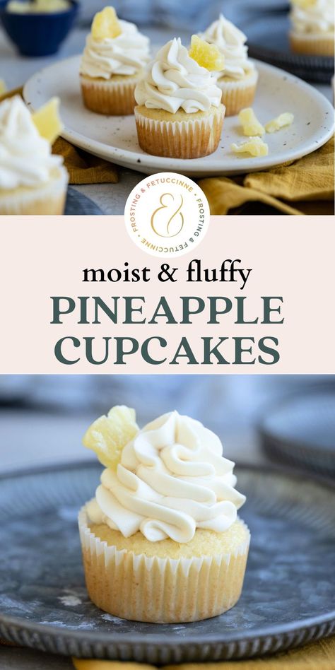 These homemade pineapple cupcakes are made with crushed pineapple so that there is juicy pineapple in every bite. Made in less than 30 minutes, and in one bowl, you dont even need a mixer to whip these up. Topped with a pineapple frosting, these tropical cupcakes will make you feel like you're on vacation! Pineapple Whipped Cream, Pineapple Cupcake Cake, Pineapple Treats, Pineapple Frosting Recipe, Easy Pineapple Cupcakes, Pineapple Cupcakes Recipes, Pineapple Cupcake, Pineapple Cream Cheese Frosting, Luau Cupcake Ideas