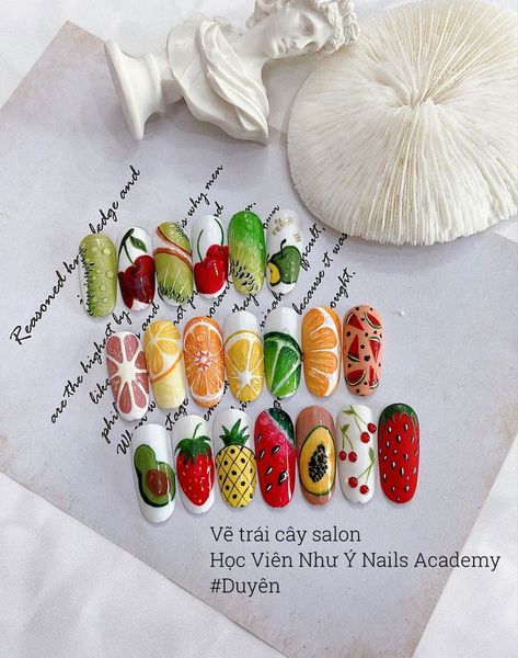 Short nail designs for any occasions 2023 | Summer Nails art Ve Trai Cay Nail, Fruit Nails Simple, Nail Fruit Designs, Nails Fruit Design, Vegetable Nails, Fruit Nails Design, Fruit Nail Design, Spring Nail 2023, Nail 2023 Spring