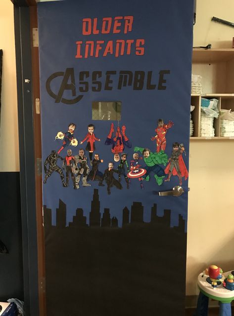 Marvel avengers door ideas older infants Marvel Door Decorations Classroom, Avengers Classroom Door, Marvel Classroom Door, Superhero Classroom Door, Superhero Door, Superhero Classroom Decorations, Halloween Door Decorations Classroom, Marvel Decor, Daycare Classroom