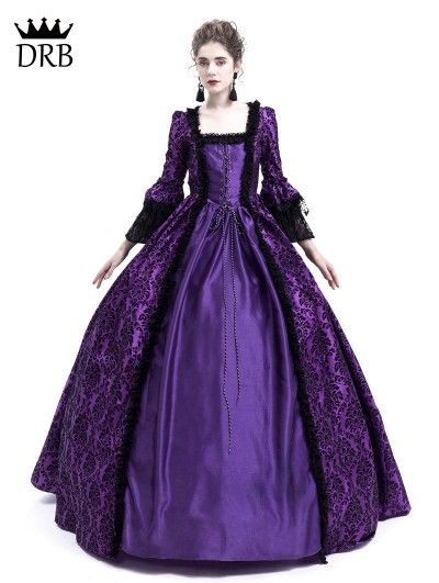 1800s Dresses Victorian Gowns, Fitted Purple Victorian Costume Dress, Black Full Sleeve Dress, Magenta Victorian Dress, Purple Victorian Dress, Black And Purple Victorian Dress, Purple 1860s Dress, Full Sleeves Dress, Medieval Gown