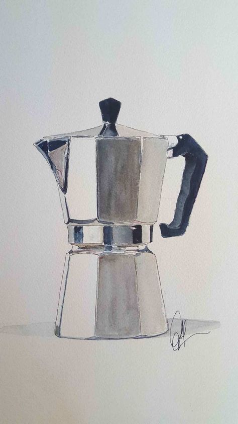 Bialetti Moka, Coffee Watercolor, Watercolor Pencil Art, Life Drawing Reference, Watercolor Paintings Nature, Moka Pot, Watercolor Paintings For Beginners, Diy Watercolor Painting, Cafe Art