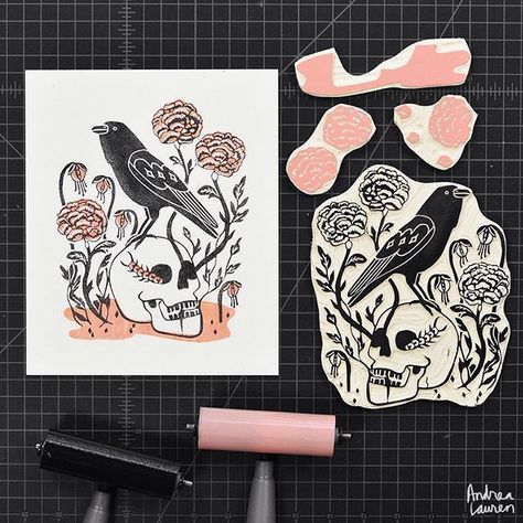 Multicolor Printmaking, Sharpie Colors, Halloween Blocks, Relief Printmaking, Linoleum Print, Linocut Printmaking, Lino Art, Andrea Lauren, Stamp Carving