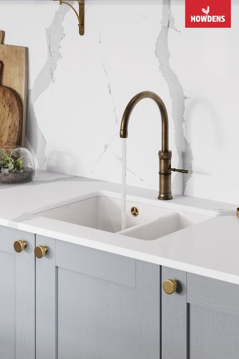 Blue Shaker Kitchen Cabinets, Tap Ideas, Blue Shaker Kitchen, Brass Tapware, Howdens Kitchens, Boiling Water Tap, White Worktop, Brushed Brass Hardware, Shaker Kitchen Cabinets