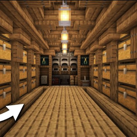 Storage Bunker Minecraft, Cave Storage Room Minecraft, Storage Room In Minecraft, Minecraft House Ideas Underground, Cool Minecraft Basement Ideas, Minecraft Storage Interior, Storage Unit Minecraft, Minecraft Courthouse Interior, Minecraft Wooden Wall Designs