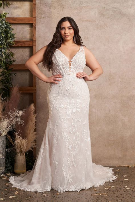 Look stunning on your wedding day in Lillian West style 66183. Featuring a flattering V Neck with Plunge neckline. View the dress! Lillian West Wedding Dress, Plus Wedding Dresses, Plus Size Brides, Lillian West, Low Back Dresses, Flare Gown, Fit And Flare Wedding Dress, Justin Alexander, Feeling Confident