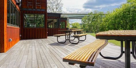 Cypress deck and Trex outdoor furniture of shipping container restaurant in Asheville, North Carolina Shipping Container Restaurant, Container Restaurant, Modern Outdoor Spaces, Outdoor Tub, Picnic Tables, Supper Club, Commercial Architecture, Shipping Containers, Outdoor Photos