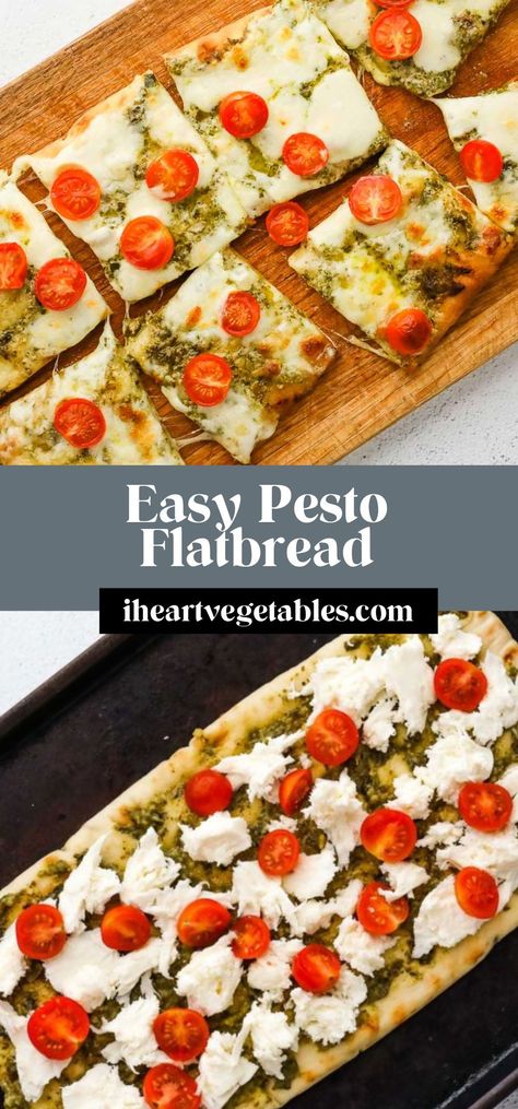 This pesto flatbread recipe is ready in just 15 minutes! It’s perfect for an easy weeknight meal or a quick appetizer to enjoy with friends. Pesto Flatbread Recipes, Flatbread Dough Recipe, Pesto Flatbread Pizza, Pesto Flatbread, Yummy Lunch Recipes, Pesto Pizza Recipe, Quick Appetizer, Easy Flatbread, Enjoy With Friends