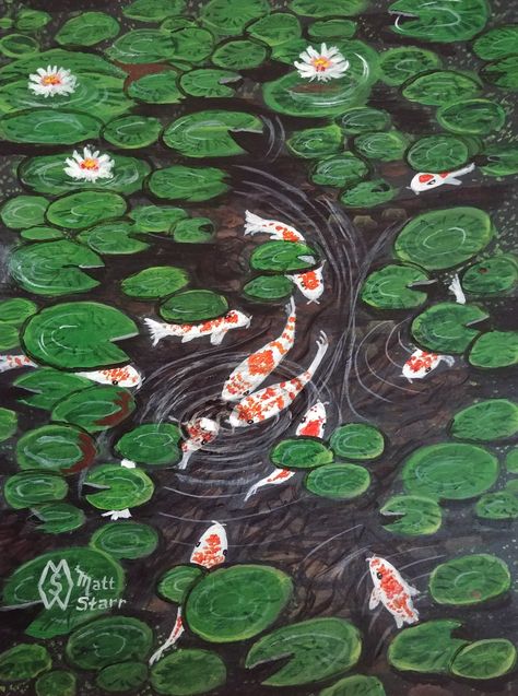 I painted this scene of Japanese Koi fish in a water garden full of lily pads.  To give the water depth I used black paper. Lily Pad Drawing, Pond Drawing, Watercolor Koi Fish, Lilies Drawing, Coy Fish, Japanese Koi Fish, Pond Painting, Koi Art, Koi Fish Tattoo