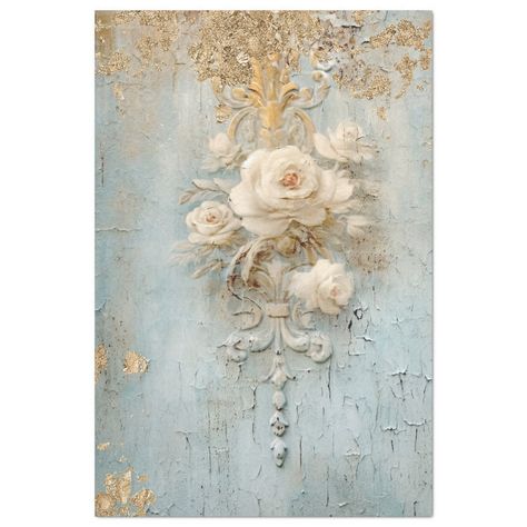 Indulge in the opulent beauty of the Vintage Blue White Roses Gold Foil Decoupage paper, adorned with intricate gold baroque ornaments that exude a sense of regal elegance. This exquisite tissue paper elevates any crafting project to a level of sophistication that is truly unmatched. The delicate balance between the vintage blue and white roses, intertwined with the shimmering gold foil accents, creates a mesmerizing visual feast for the eyes. Each piece of this luxurious decoupage paper is a masterpiece in itself, offering a touch of timeless charm and refined luxury to your creative endeavors. Vintage Paper Printable Scrapbooking, Vintage Blue White Wallpaper, Decoupage Paper Printable Free, Decoupage Blue And White, Blue And Gold Flowers Wallpaper, Shabby Chic Hallway, Antique Marbled Paper, Blue And White Roses, 1?12 Dpllhouse French Wallpaper Printable Shabby Chic