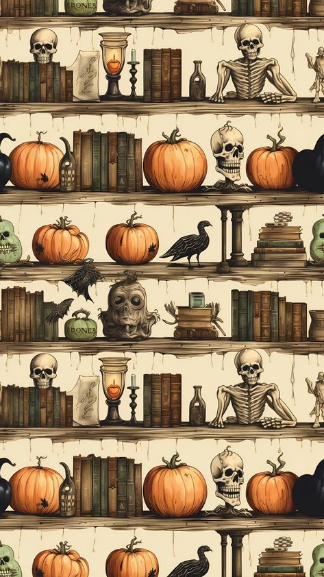 Halloween Bookshelf Wallpaper, Whimsigoth Office, Bookshelf Wallpaper, Halloween Invites, Spooky Wallpaper, Art Planner, Halloween Wallpaper Iphone Backgrounds, Cricut Design Studio, Halloween Photography