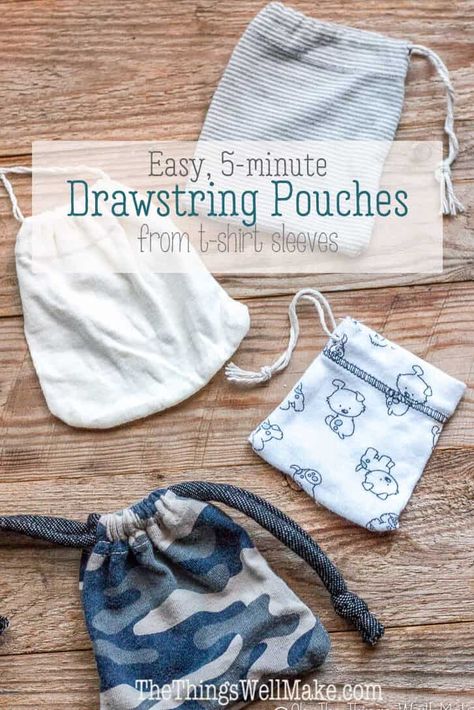 Easily make a drawstring bag in less than 10 minutes with one seam by upcycling old t-shirts and taking advantage of the hem. You can also make a pouch from the sleeves. #thethingswellmake #miy #upcycle #drawstring #bag #sewing #easy #easysewingprojects #easysewing #partyfavors #giftbags #drawstringbag #pouch Diy Fabric Pouches, Make A Drawstring Bag, Diy Bags Easy, Drawstring Bag Diy, Tips Menjahit, Sewing Easy, Sewing Tricks, Small Drawstring Bag, Sac Diy