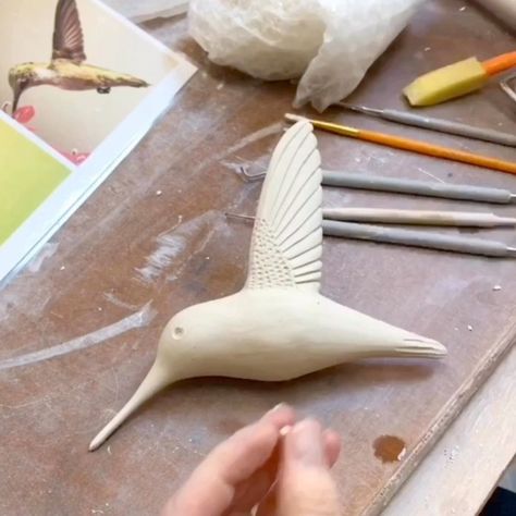 Watch to see this hummingbird sculpture come to life! Here I show a few of the steps I take in creating a finished hummingbird wall tile.… | Instagram Bird Sculpture Clay, Pottery Hummingbird, Hummingbird Ceramic, Ceramic Hummingbird, Garden Sticks, Hummingbird Sculpture, Ceramics Videos, Ceramic Birds Sculpture, Pottery Tea Pots