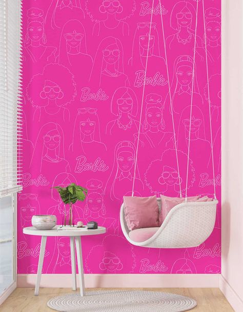 Shop Barbie Wallpaper | Mattel Australia – Shop Mattel Australia Barbie Accent Wall, Barbie Themed Bedroom Ideas, Black Barbie Room Decor, Barbie Room Decor Kids Girls Bedroom, Malibu Barbie Room, Barbie Room Ideas Bedrooms For Kids, Barbie Theme Bedroom, Barbie Mural, Barbie Bedroom Ideas Kids