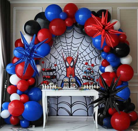 PRICES MAY VARY. BLUE RED WHITE BLACK BALLOON ARCH:Package include double stuffed royal blue/dark blue balloons(12inx10,18'inx1,5'inx15),double stuffed red /ruby red balloons(12inx10,18'inx1,5'inx15),double stuffed matte white balloons(12inx10,18'inx1,5'inx15),10pcs 12inch double stuffed black balloons,15pcs 5inch matte black balloons,1pcs 22inch black star balloons,1pcs 22inch red star balloons,1pcs 22inch royal blue star balloons,A 16ft balloon strip tape,1roll 100pcs glue point. A 33ft black Spider Man Balloon Arch, Superhero 5th Birthday Party, Spiderman Toddler Birthday Party, Spider Man Birthday Decoration, Spiderman Party Ideas Decoration, Blue White Balloon Arch, Spiderman Theme Birthday Party, Spiderman Birthday Party Ideas, White Balloon Arch