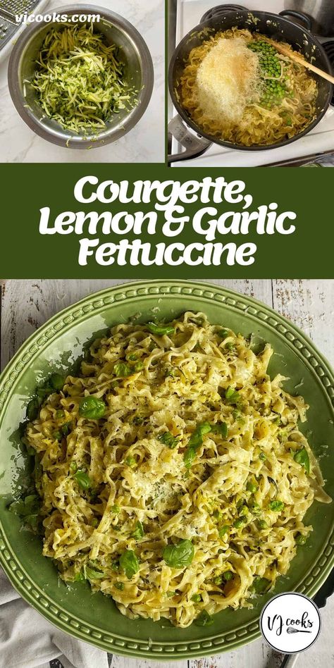 A zingy fresh pasta made from fettuccine, grated courgette, crushed garlic, lemon juice and zest, cream, parmesan, peas and basil. This is a great recipe to make in summer when courgette (or zucchini as they are also known) are in season. This makes them super affordable at the supermarket or better still, a great way to use up any courgette you are growing in your garden. #vjcooks #vegetariandinner #seasonalveg #courgette #zucchini Pasta With Courgette, Courgette Pasta Recipe, Recipes With Courgettes, Parmesan Peas, Courgette Recipe, Pasta Recepies, Courgette Recipes, Zucchini Pasta Recipes, Courgette Pasta