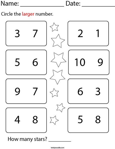 Circle the Larger Number Math Worksheet - Twisty Noodle Circle The Smaller Number Worksheet, Smaller Number Worksheet, Vowels Kindergarten, Preschool Counting Worksheets, Maths Worksheet, Number Worksheet, Worksheets For Class 1, Maths Paper, Kindergarten Phonics Worksheets